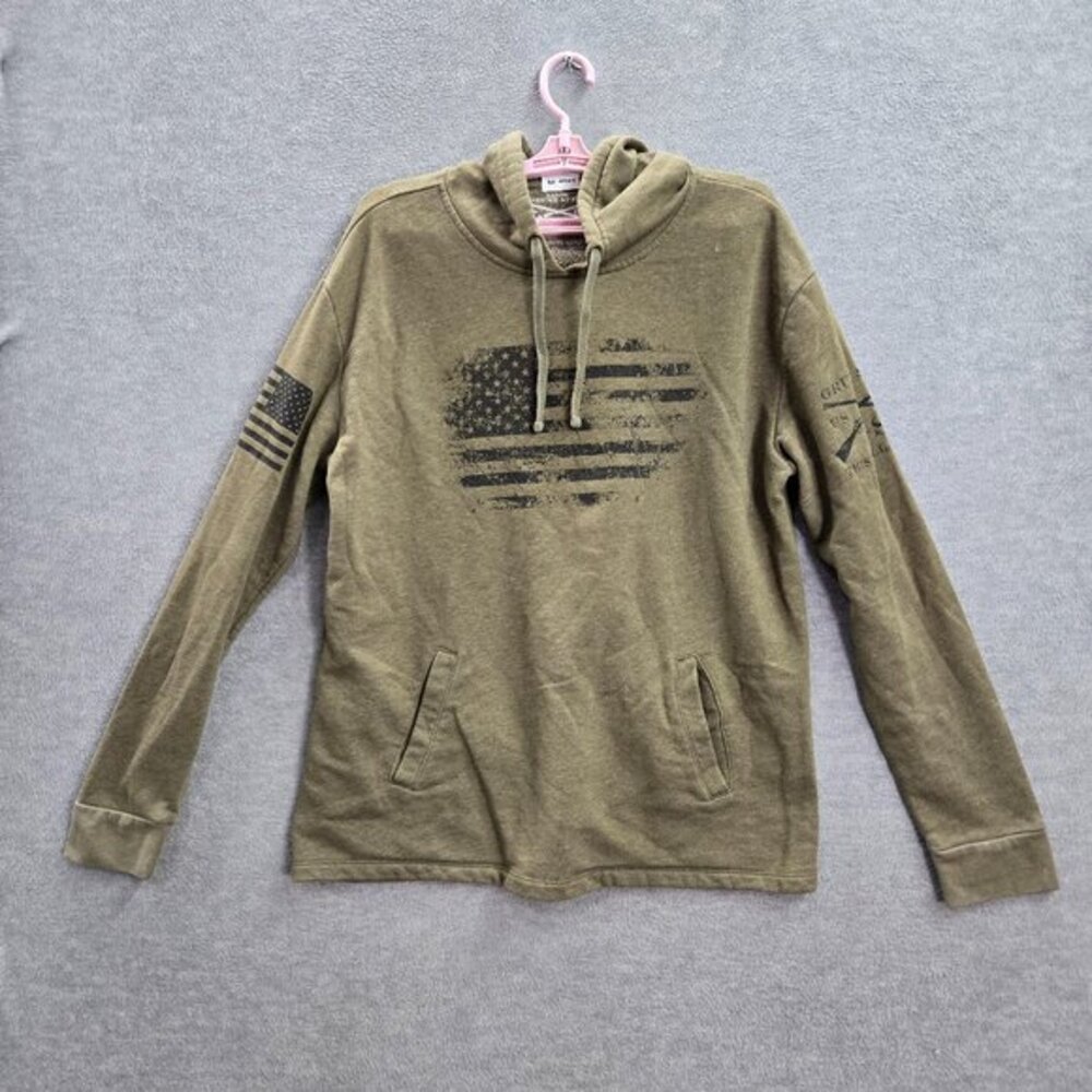 Grunt Style Men Hoodie L Olive Graphic Print Fleece American Flag Pullover‎